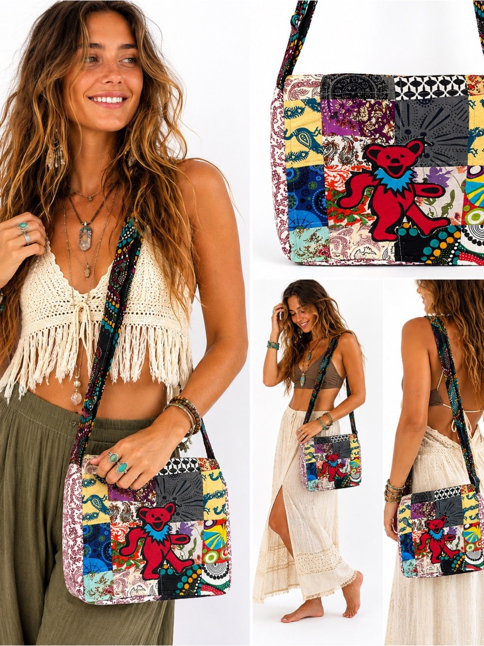 Grateful Dead Dancing Bear Patchwork Crossbody Bag Hippie Festival Boho Tote - Picture 2 of 12